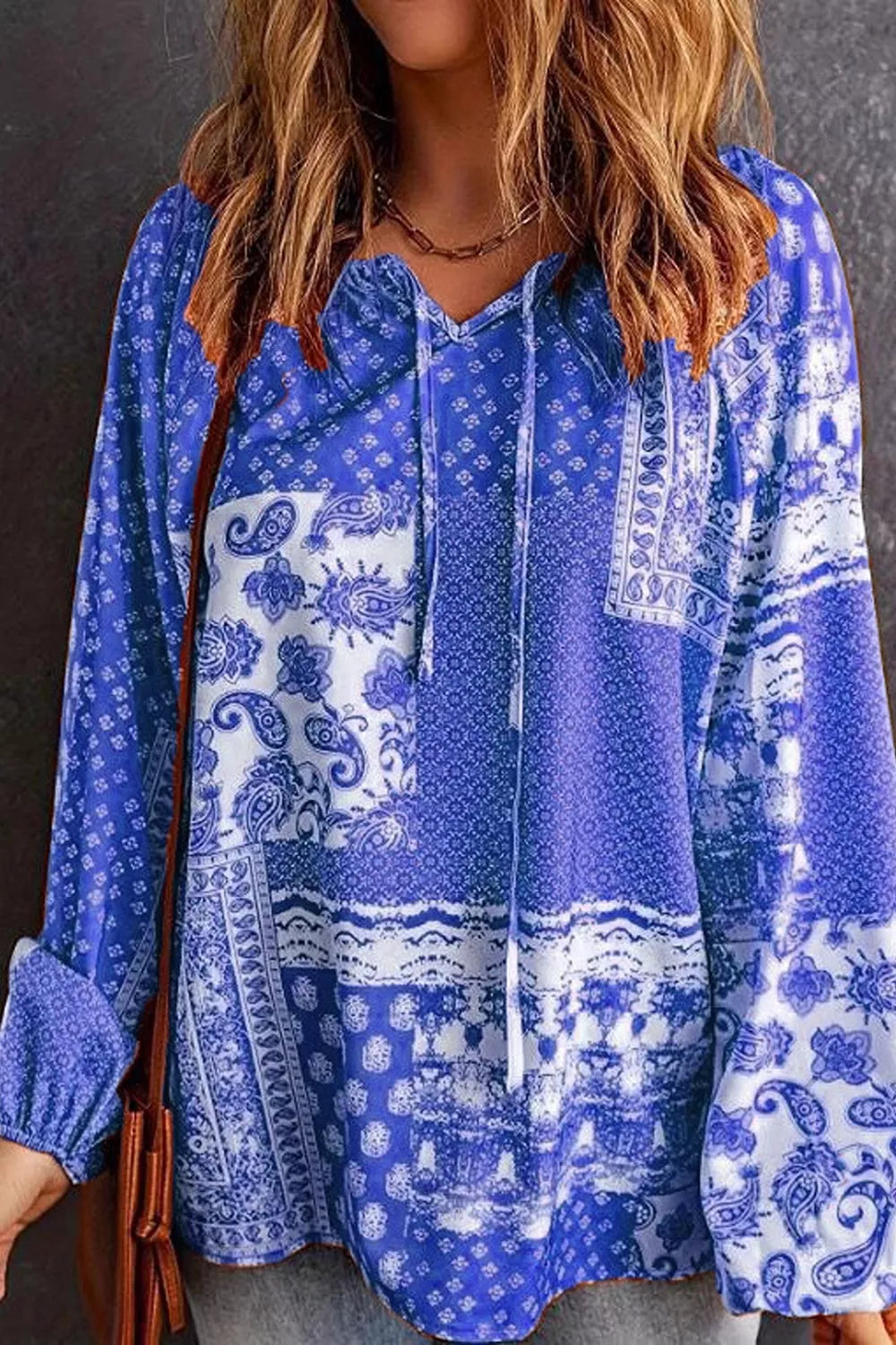 Full Size Paisley Print Tie-Neck Long Sleeve Blouse Plus Size | STAHlin RADIANCE