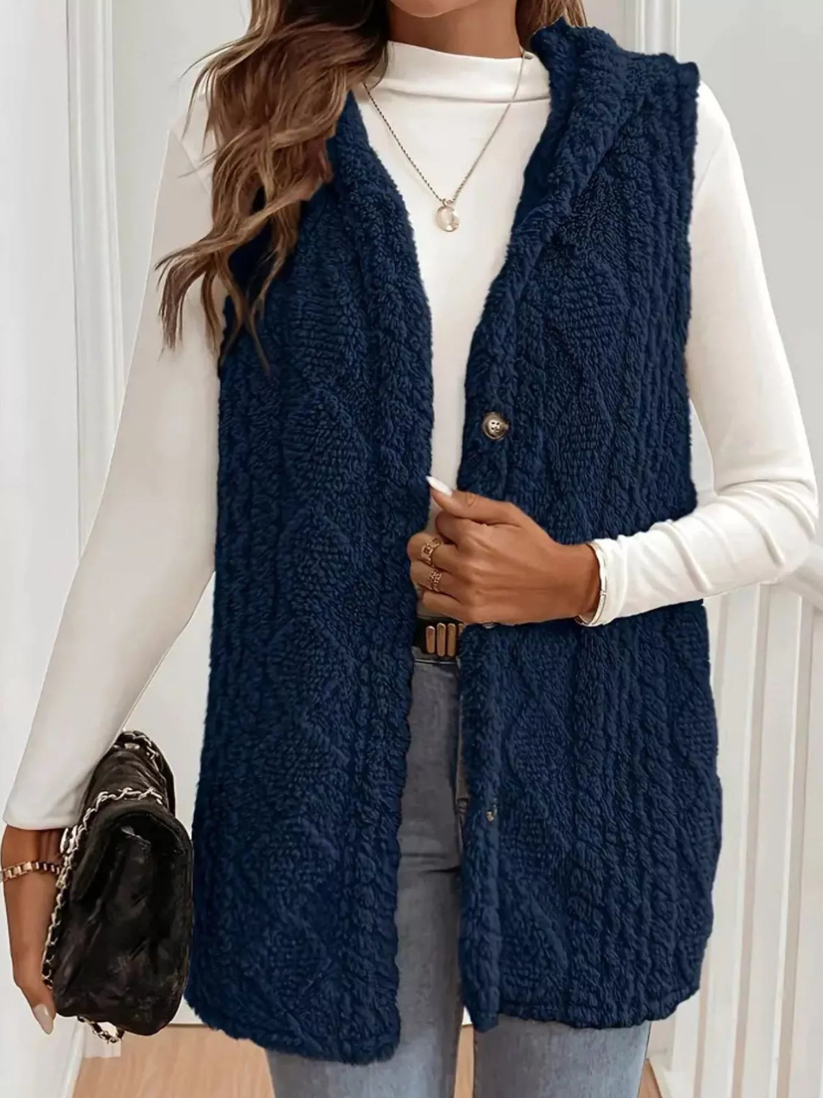 Hooded Button-Up Sherpa Vest Coat | STAHlin RADIANCE