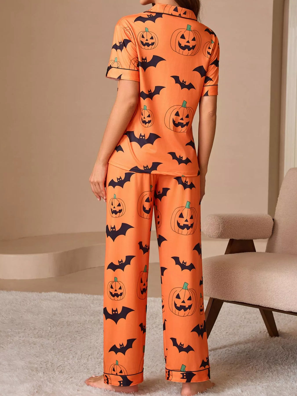 Halloween Pumpkin and Bat Print Button-Down Top and Pants Lounge Set | STAHlin RADIANCE