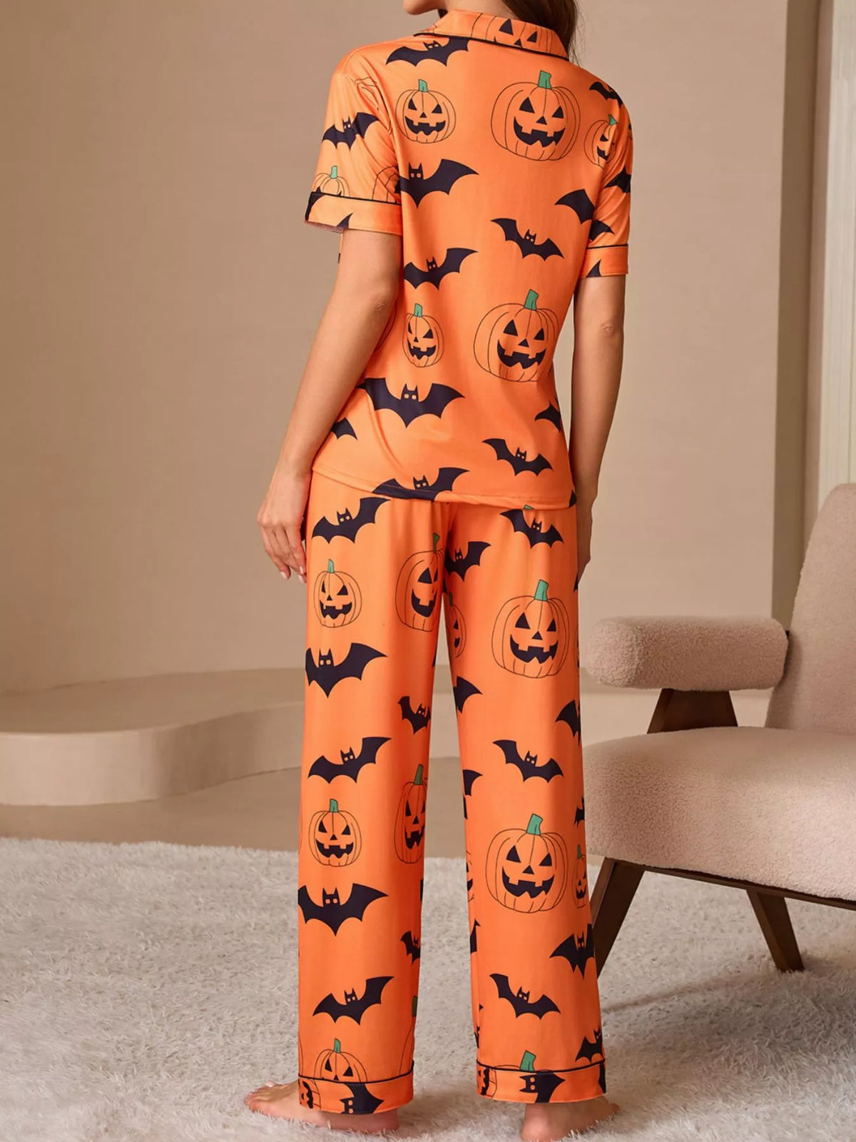 Halloween Pumpkin and Bat Print Button-Down Top and Pants Lounge Set | STAHlin RADIANCE