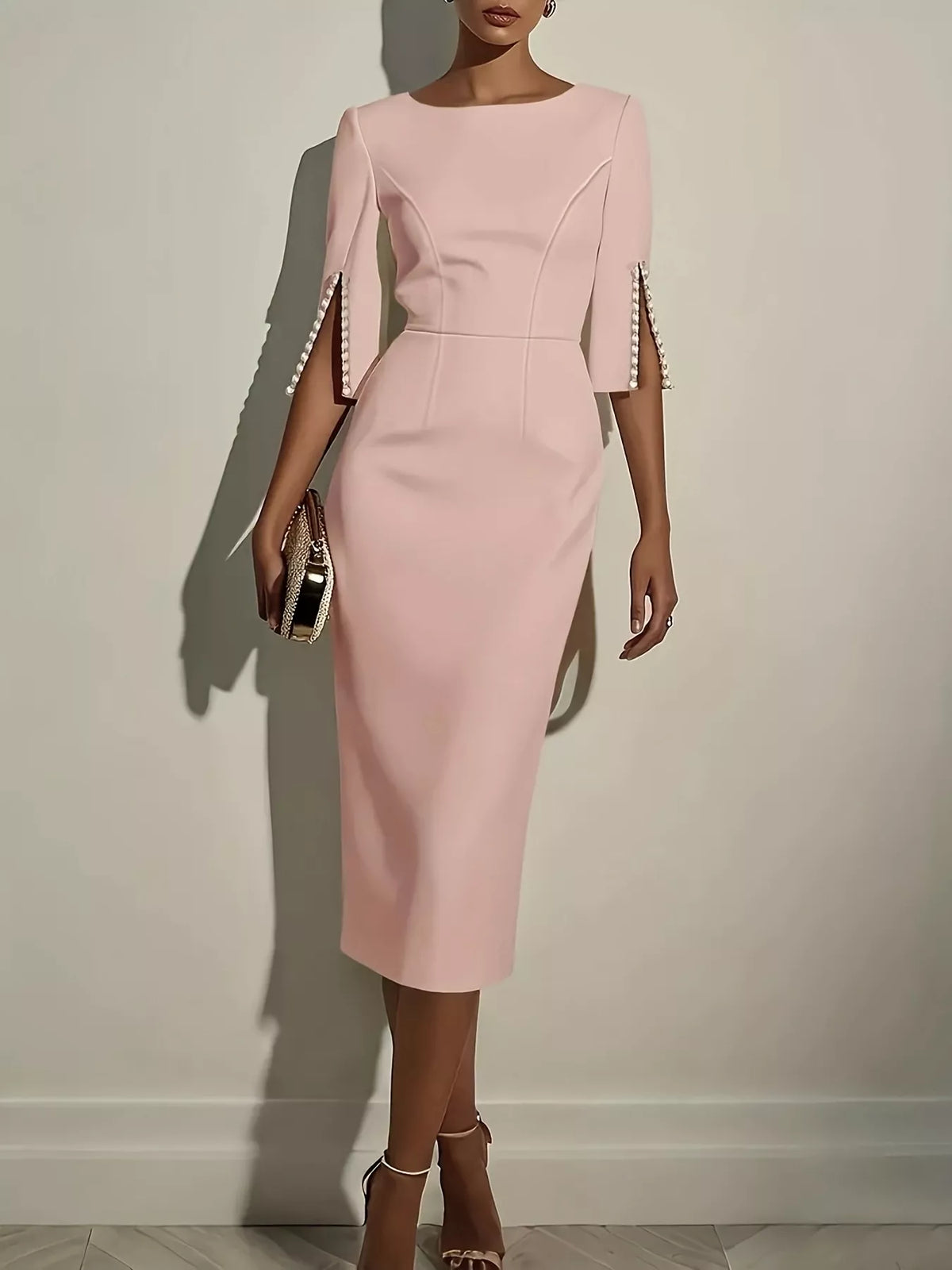 Slim-Fit Elegant Midi Dress with Beaded Slit Sleeve | STAHlin RADIANCE