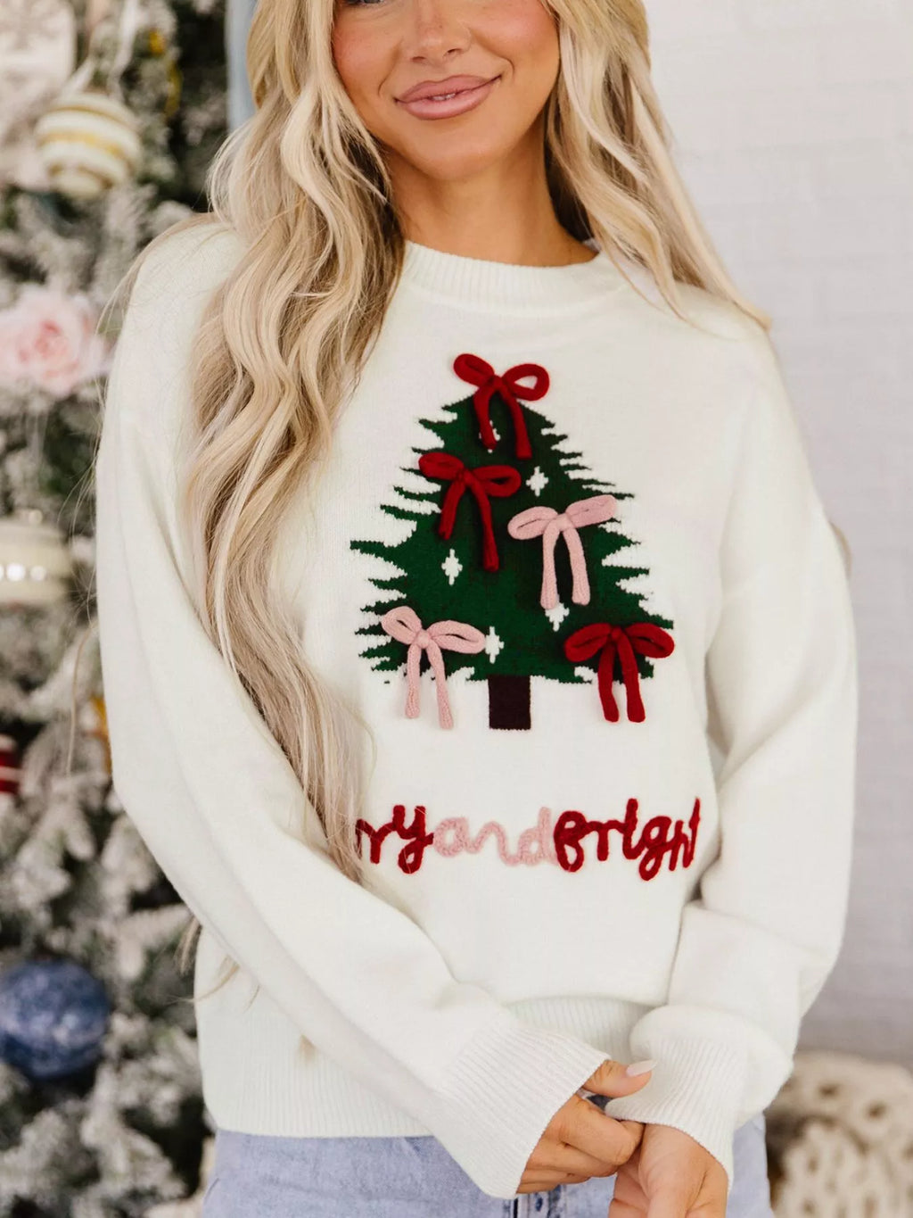 Christmas Tree Bow Drop Shoulder Knit Sweater | STAHlin RADIANCE