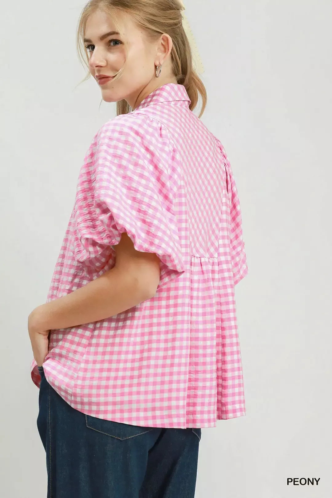 Umgee Smocked Yoke Puff Sleeve Gingham Blouse | STAHlin RADIANCE