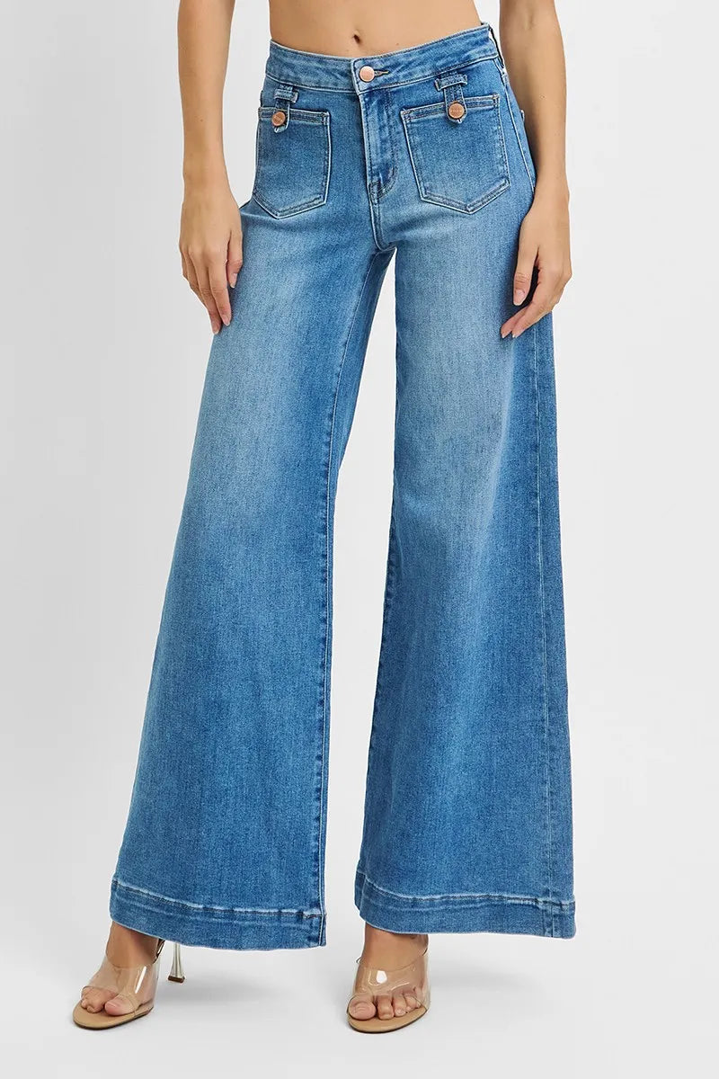 RISEN Full Size Mid Rise Wide Front Patch Pocket Jeans Plus Size | STAHlin RADIANCE