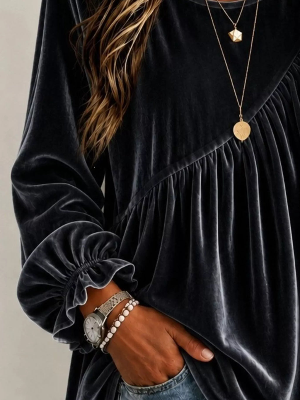Full Size Velvet Round Neck Long Sleeve Blouse Plus Size | STAHlin RADIANCE