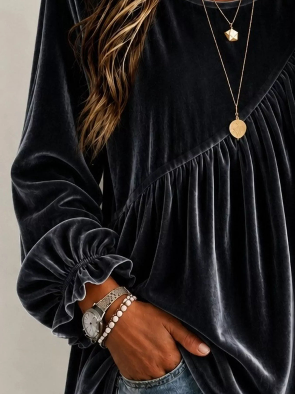 Full Size Velvet Round Neck Long Sleeve Blouse Plus Size | STAHlin RADIANCE