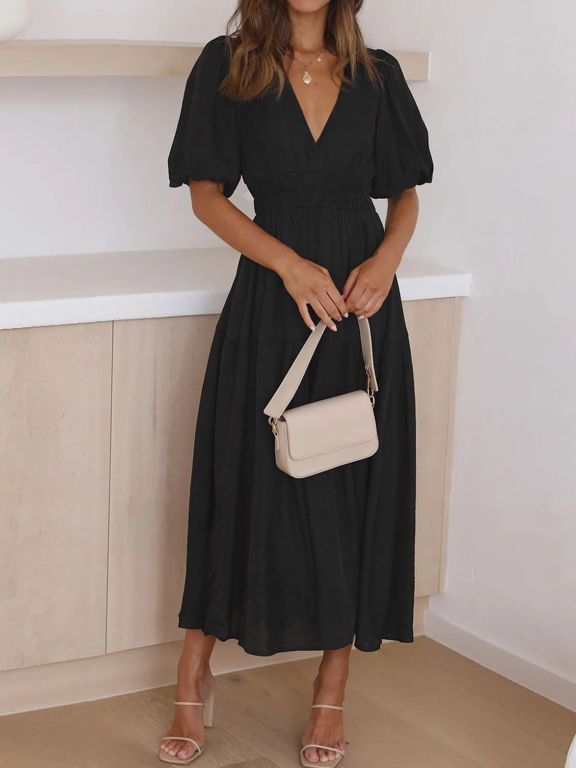 V-Neck Puff Sleeve Midi Dress | STAHlin RADIANCE