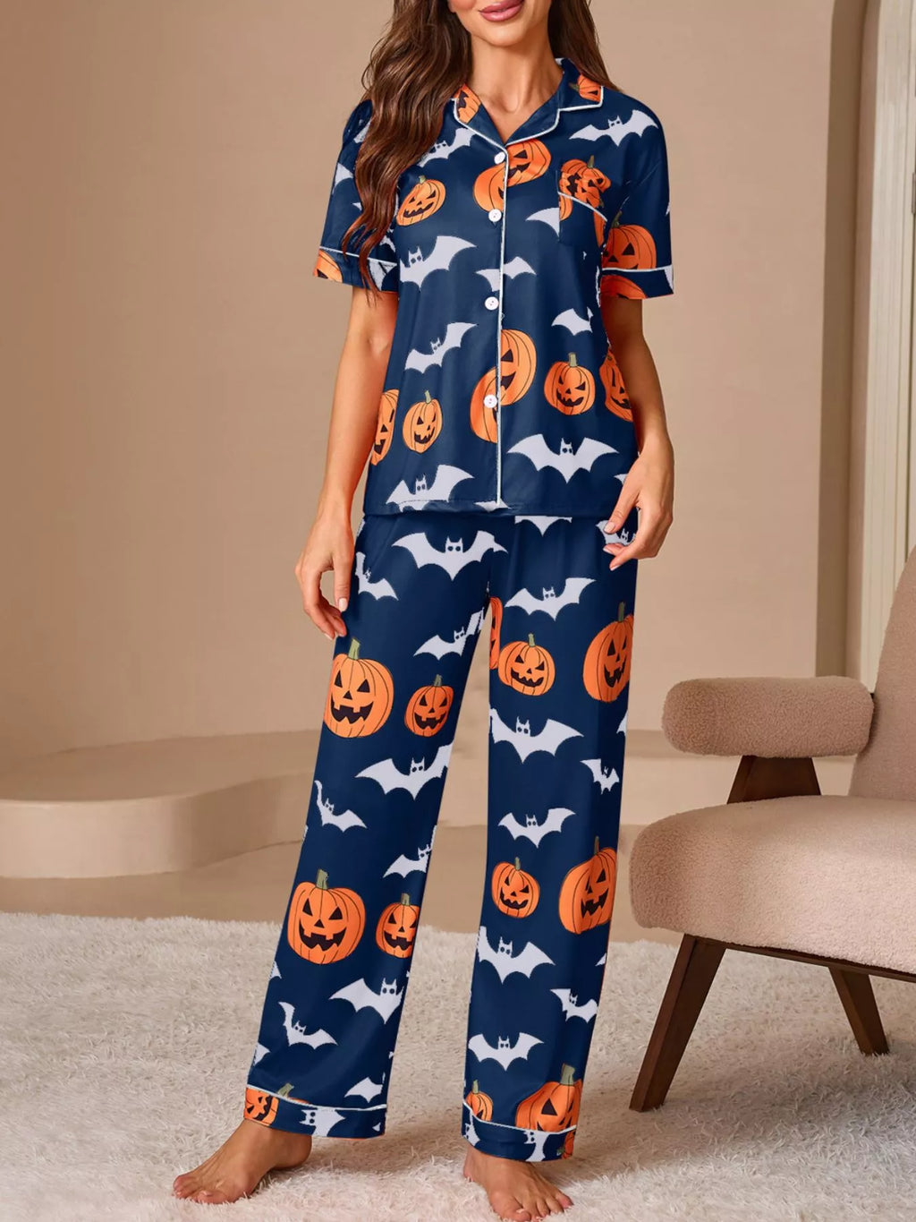 Halloween Pumpkin and Bat Print Button-Down Top and Pants Lounge Set | STAHlin RADIANCE