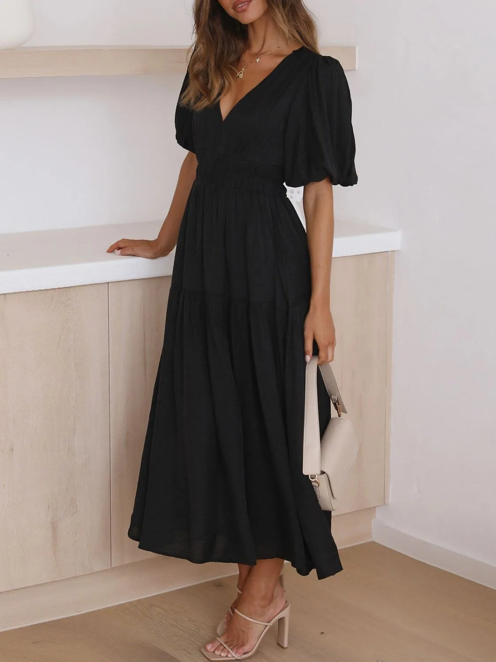 V-Neck Puff Sleeve Midi Dress | STAHlin RADIANCE