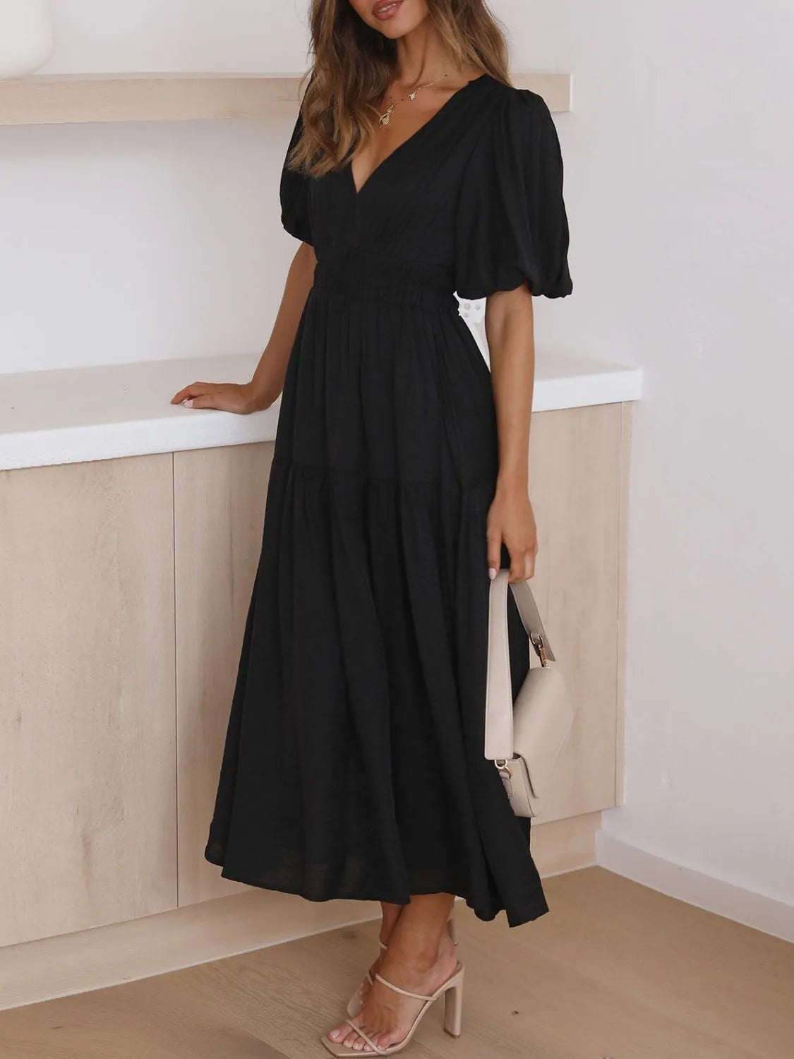 V-Neck Puff Sleeve Midi Dress | STAHlin RADIANCE