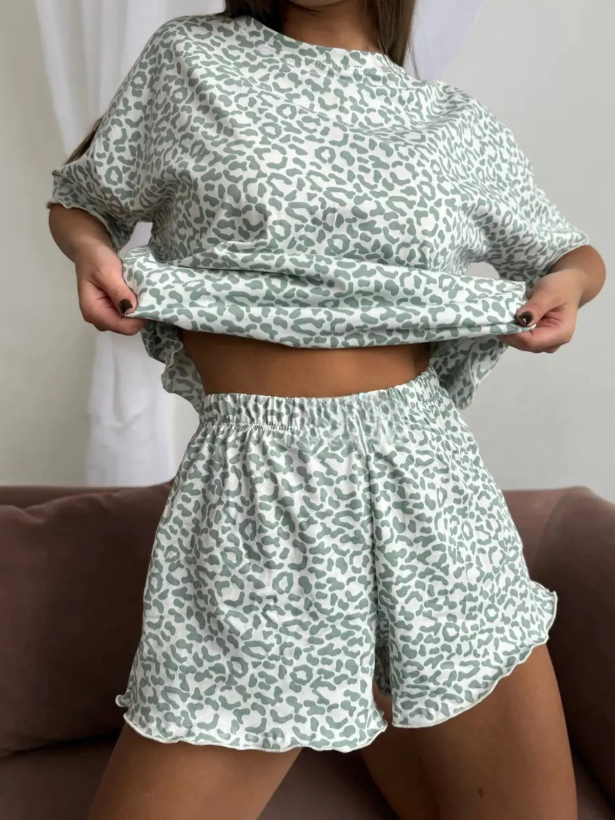 Leopard Print T-Shirt and Ruffle Hem Shorts Lounge Set | STAHlin RADIANCE
