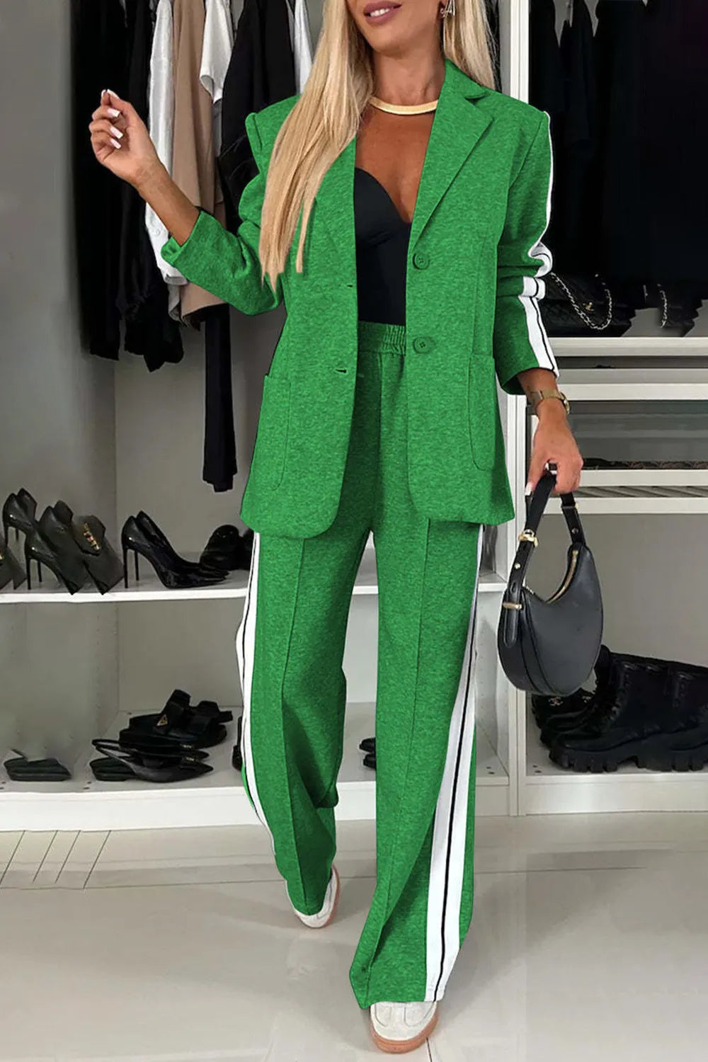Full Size Contrast Lapel Collar Top and Pants Set | STAHlin RADIANCE