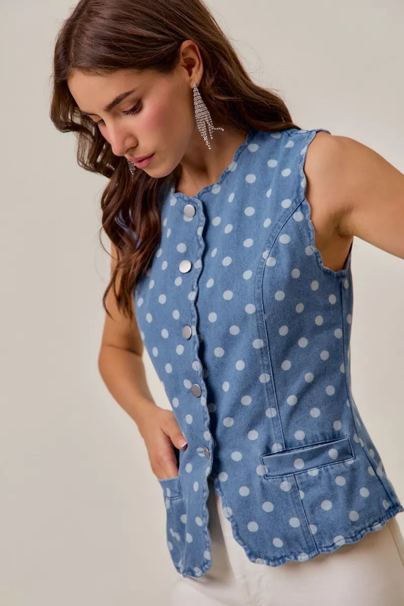 SO ME Polka Dot Denim Scallop Edge Button Down Vest Top | STAHlin RADIANCE