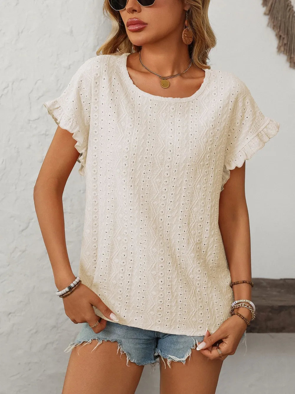 Mandy Eyelet Round Neck Short Sleeve Top | STAHlin RADIANCE