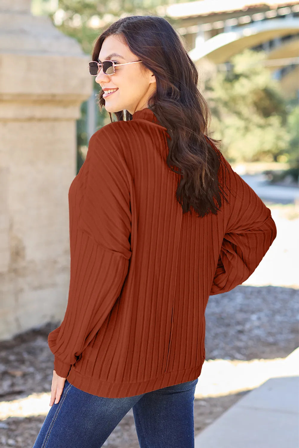 Basic Bae Full Size Ribbed Exposed Seam Mock Neck Knit Top | STAHlin RADIANCE