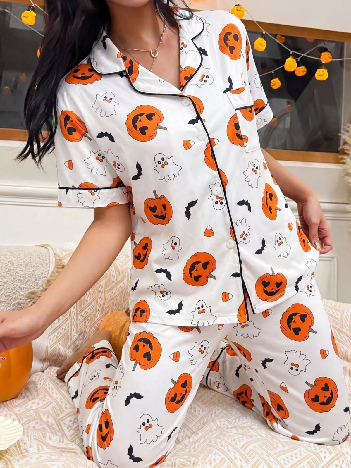 Halloween Pumpkin Print Button-Down Top and Pants Set | STAHlin RADIANCE