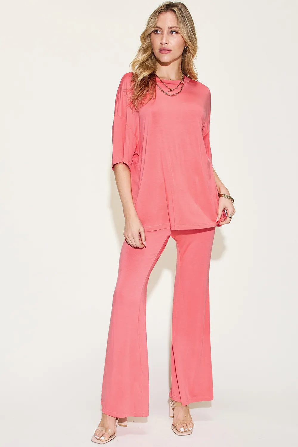 Basic Bae Full Size Bamboo Drop Shoulder T-Shirt and Flare Pants Set | STAHlin RADIANCE