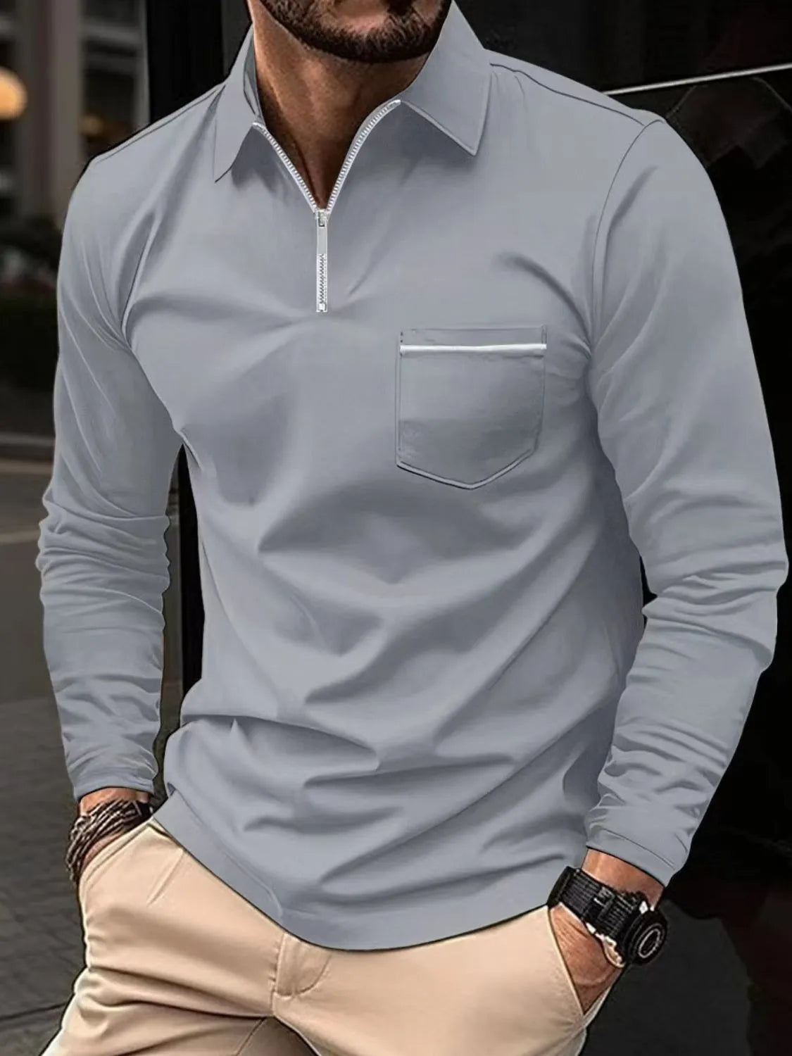 Men's Full Size Collared Neck Long Sleeve Polo Plus Size | STAHlin RADIANCE