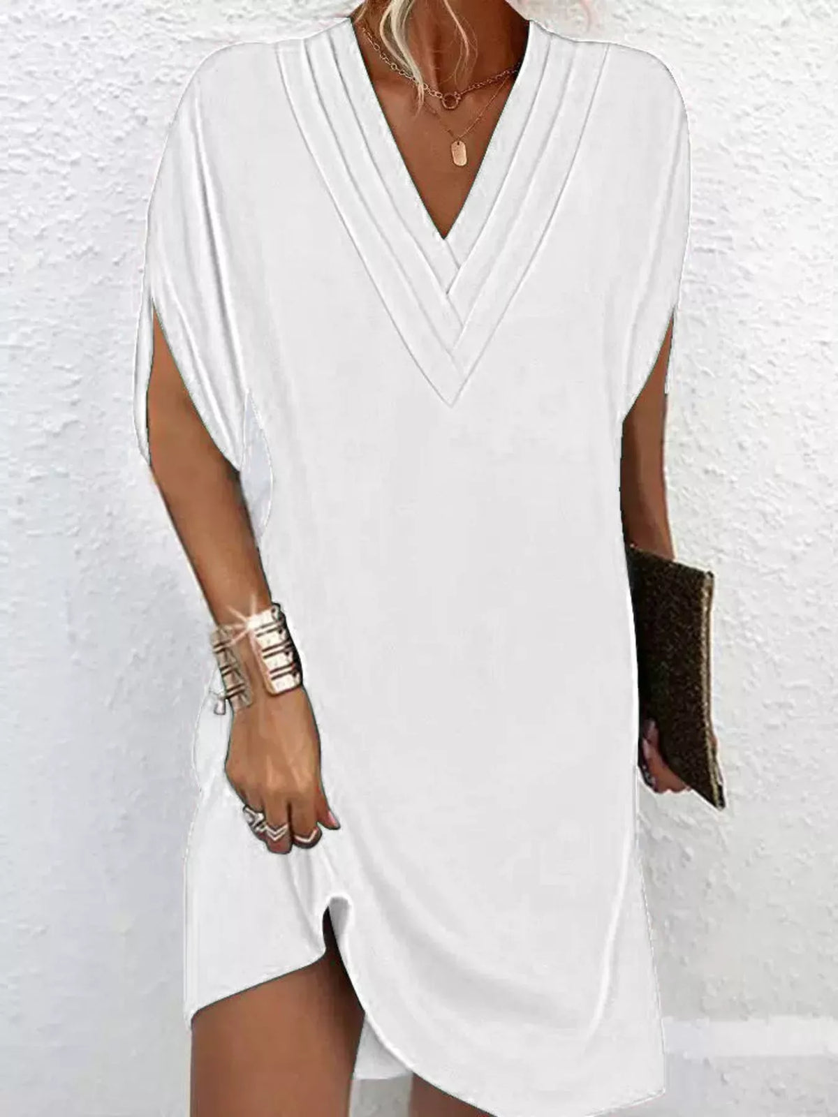 Full Size V-Neck Slit Sleeve Mini Dress Plus Size | STAHlin RADIANCE