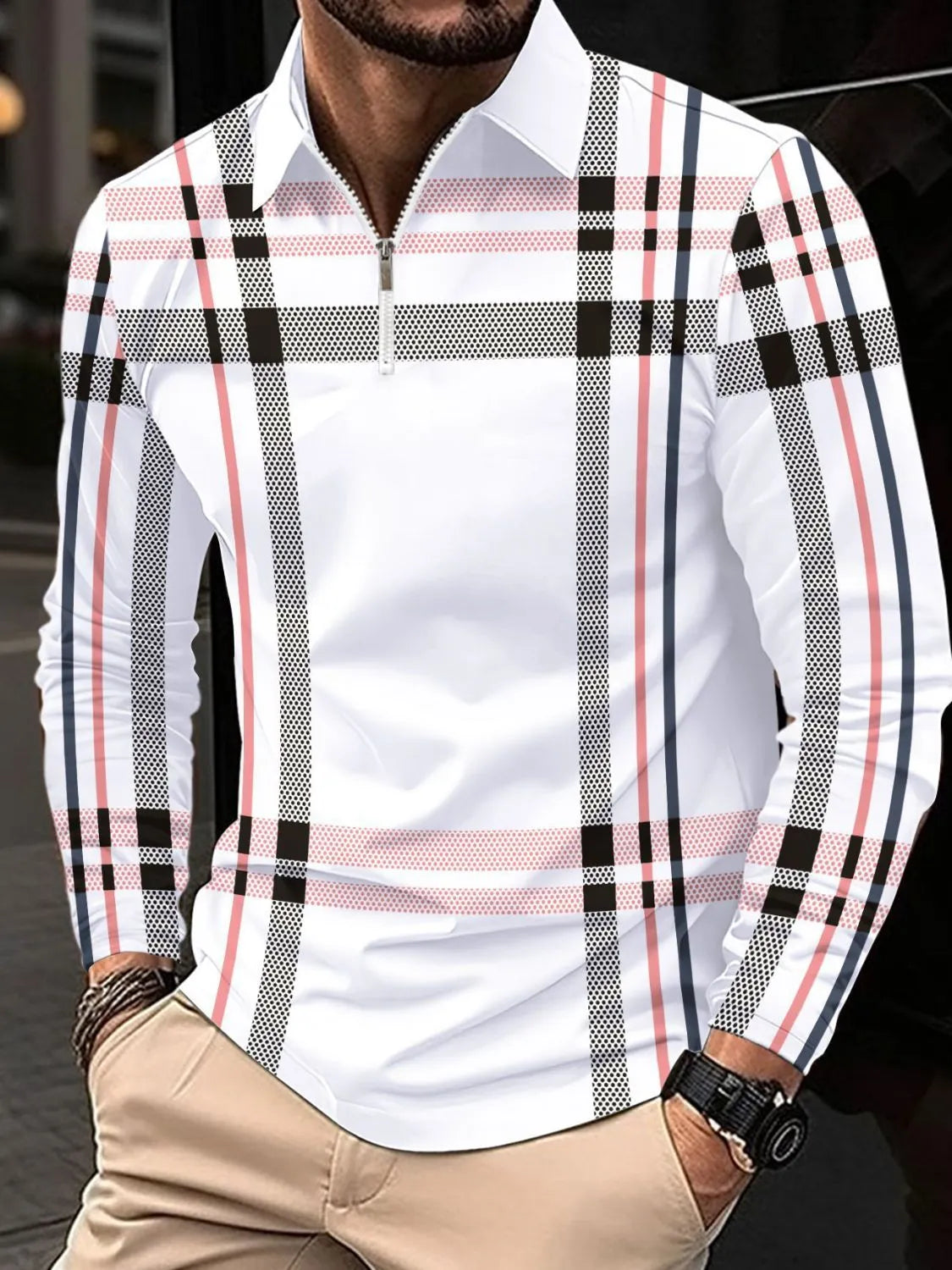 Men's Full Size Plaid Zip Collar Long Sleeve Polo Plus Size | STAHlin RADIANCE
