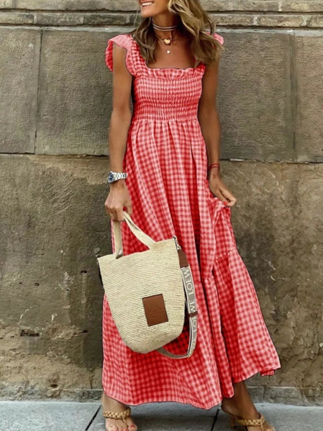 Full Size Gingham Smocked Ruffle Maxi Dress Plus Size | STAHlin RADIANCE