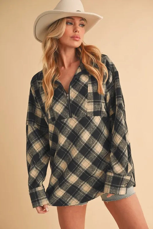 Aemi + Co Slit Plaid Half Zip Drop Shoulder Top | STAHlin RADIANCE