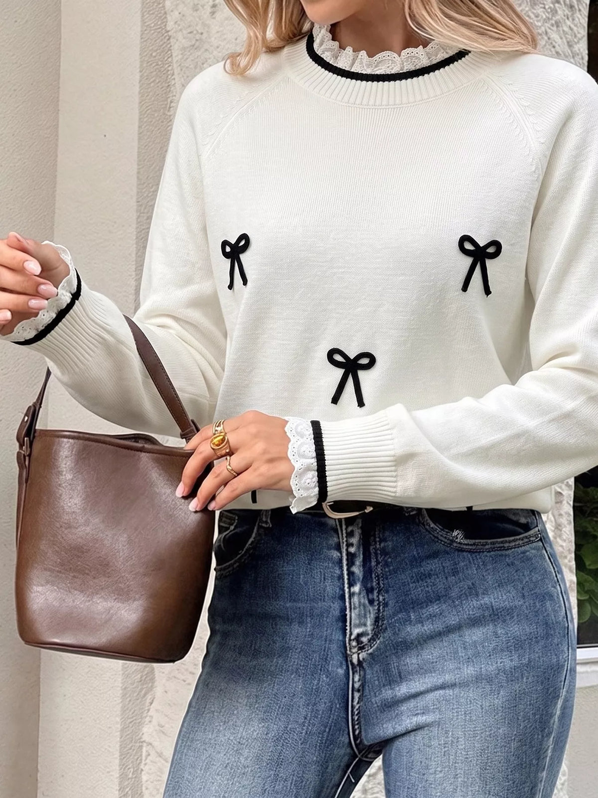 Bow-Embellished Lace Trim Sweater | STAHlin RADIANCE