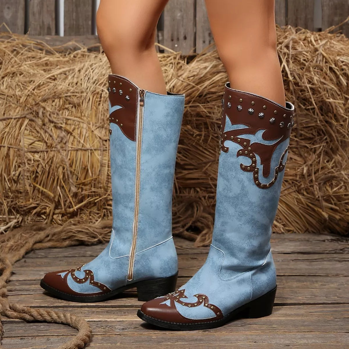 Western-Style Studded Two-Tone Mid-Calf Cowboy Boots | STAHlin RADIANCE