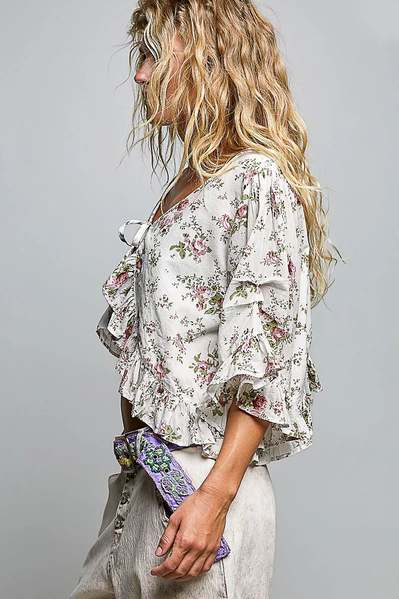 POL Ruffle Tie Front Cropped Floral Woven Flutter Sleeve Top | STAHlin RADIANCE