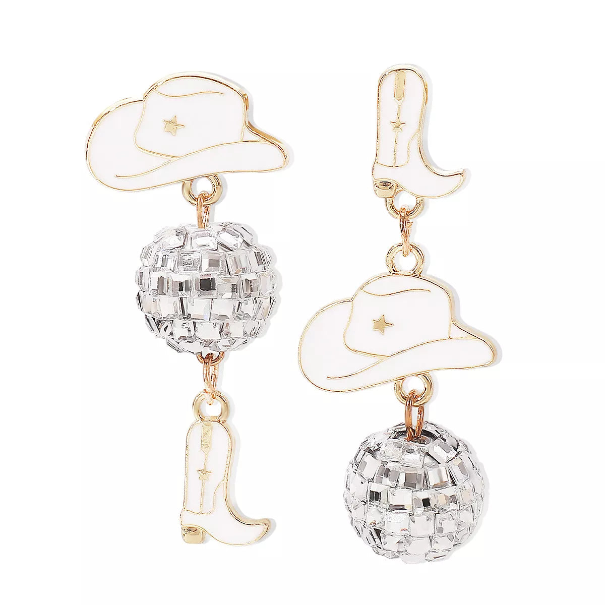 Asymmetrical Cowgirl Boot Hat Ball Dangle Earrings | STAHlin RADIANCE