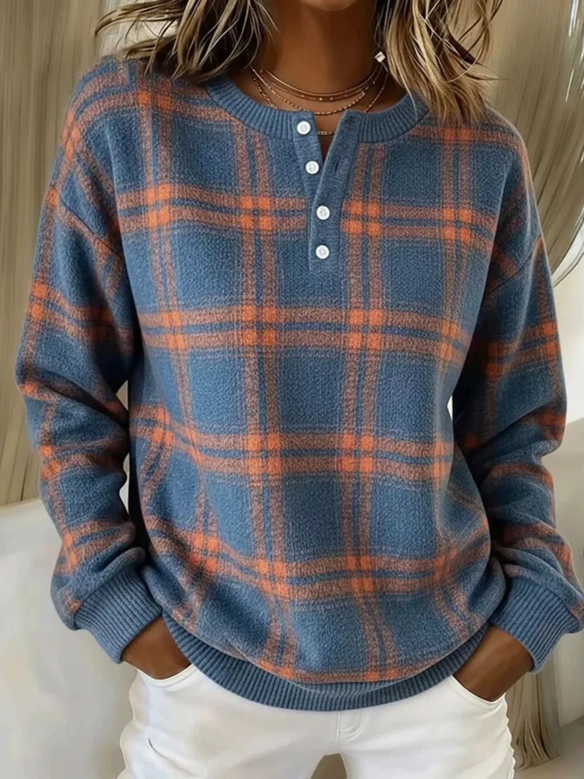 Full Size Plaid Button Detail Long Sleeve Sweatshirt Plus Size | STAHlin RADIANCE