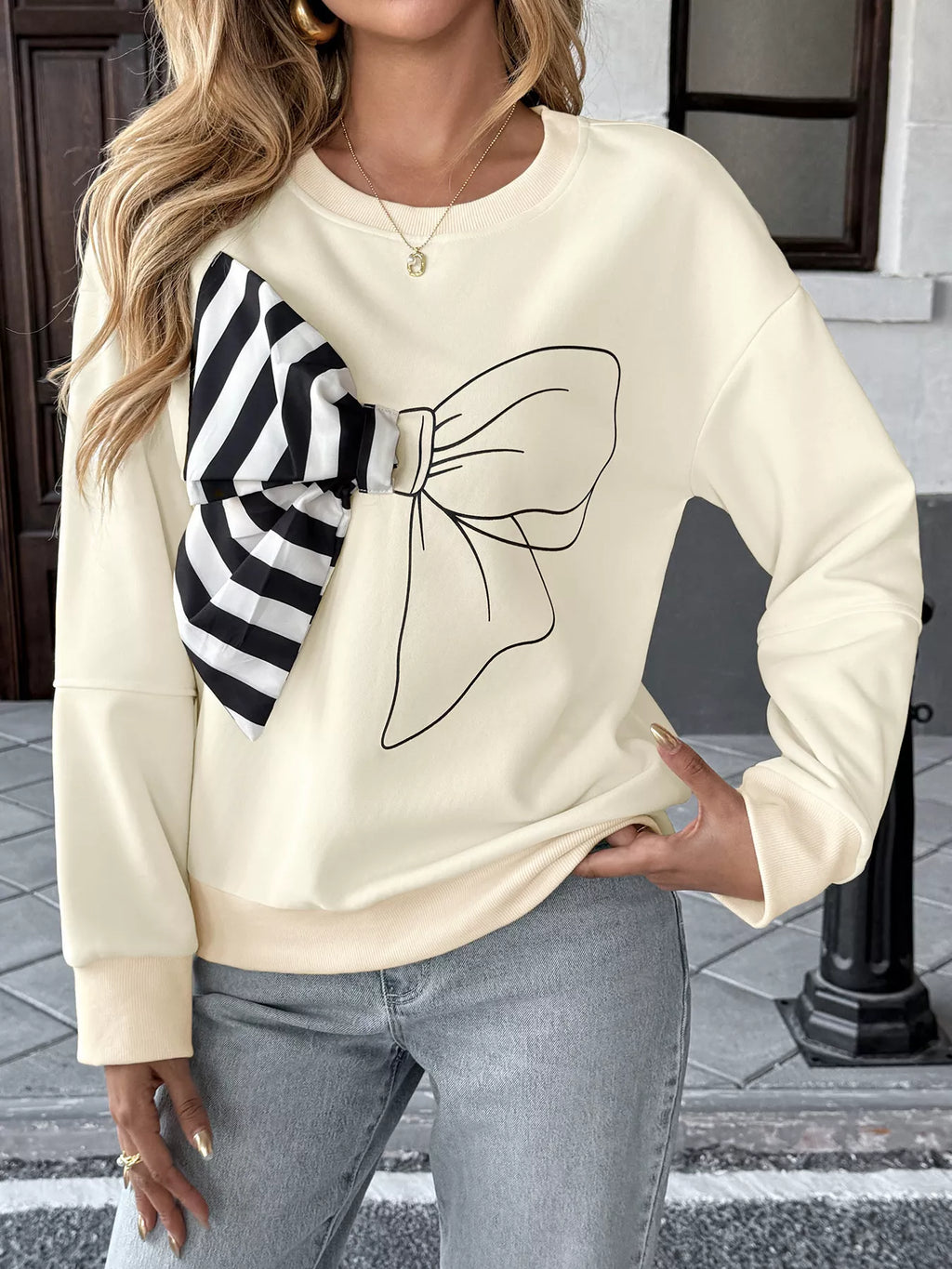Bow Round Neck Dropped Shoulder Sweatshirt | STAHlin RADIANCE