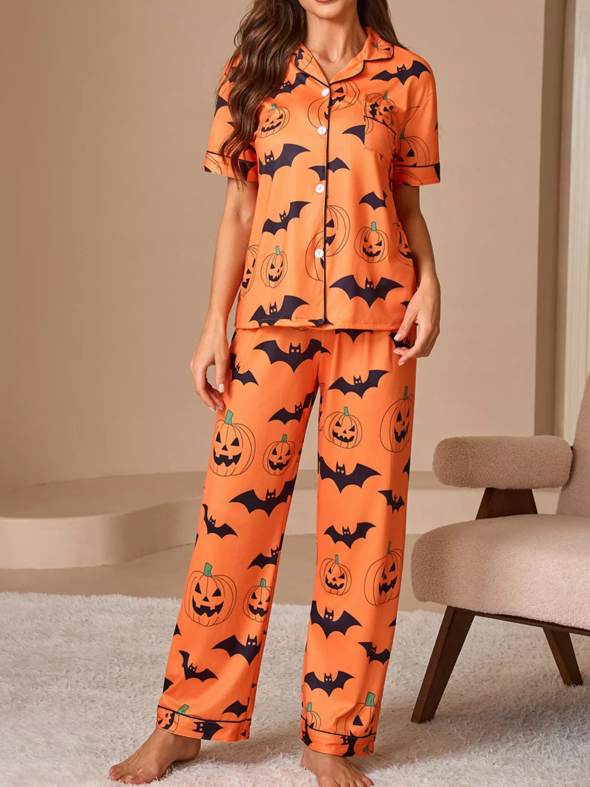 Halloween Pumpkin and Bat Print Button-Down Top and Pants Lounge Set | STAHlin RADIANCE
