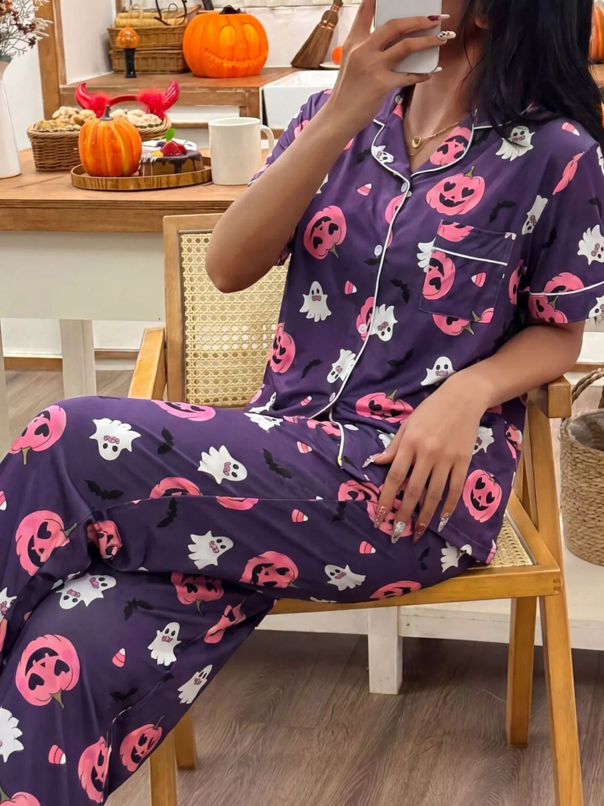 Halloween Pumpkin Print Button-Down Top and Pants Set | STAHlin RADIANCE