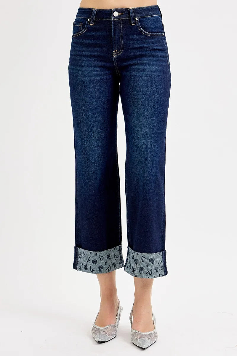 RISEN Full Size Mid Rise Fit Crop Wide With Printed Cuff Jeans Plus Size | STAHlin RADIANCE