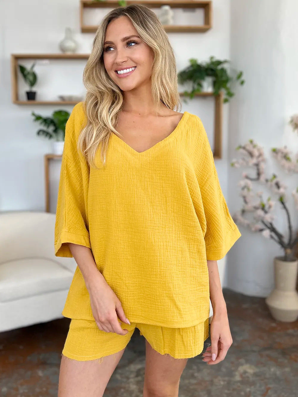 Double Take Texture Half Sleeve T-Shirt and Drawstring Shorts Set | STAHlin RADIANCE
