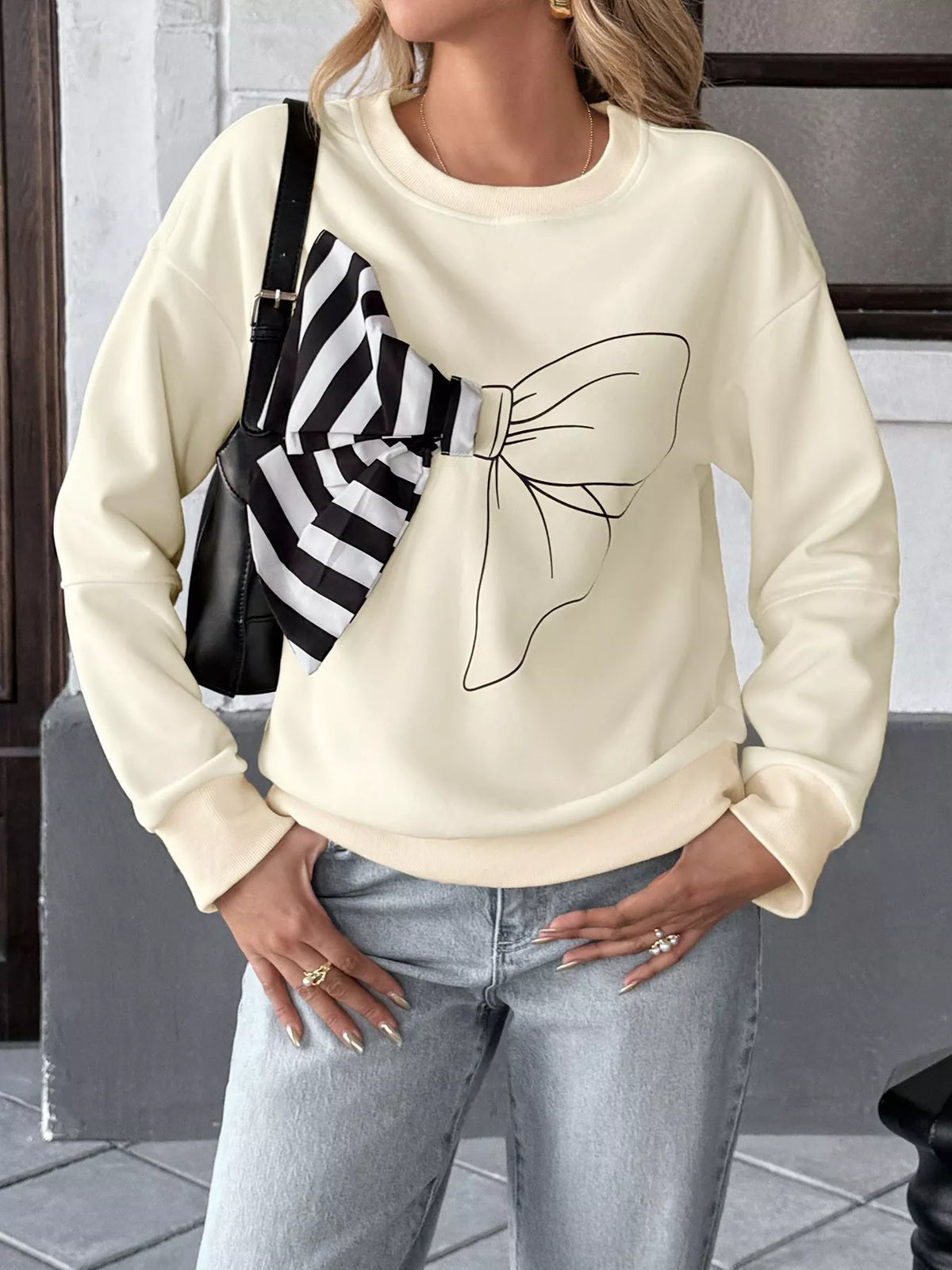Bow Round Neck Dropped Shoulder Sweatshirt | STAHlin RADIANCE