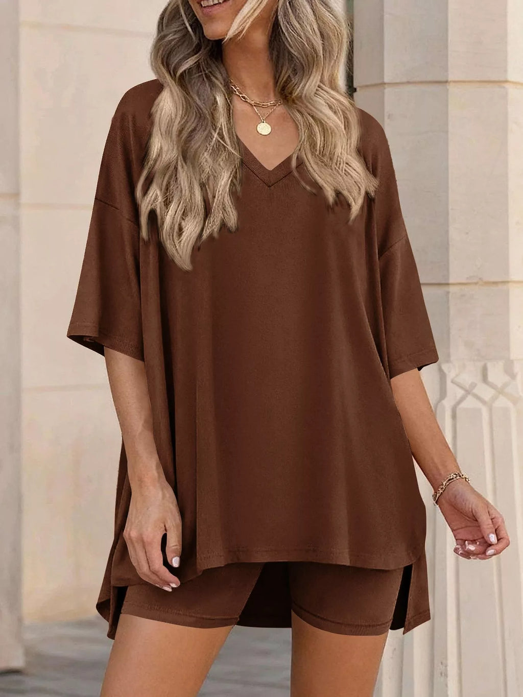 Full Size Casual Loose V-Neck T-Shirt & Shorts Set Plus Size | STAHlin RADIANCE