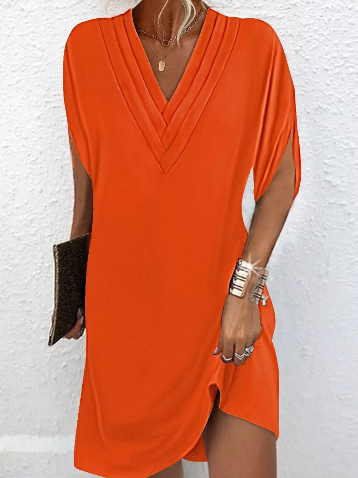 Full Size V-Neck Slit Sleeve Mini Dress Plus Size | STAHlin RADIANCE