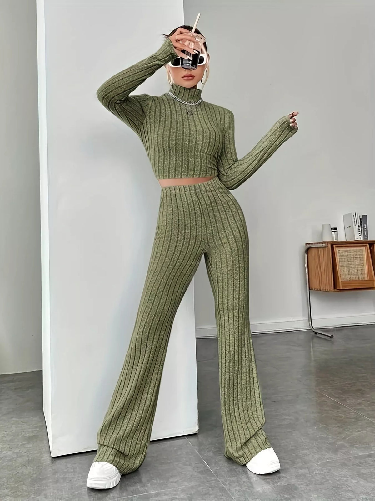 Ribbed Turtleneck Crop Top and Flare Pants Sweater Set | STAHlin RADIANCE