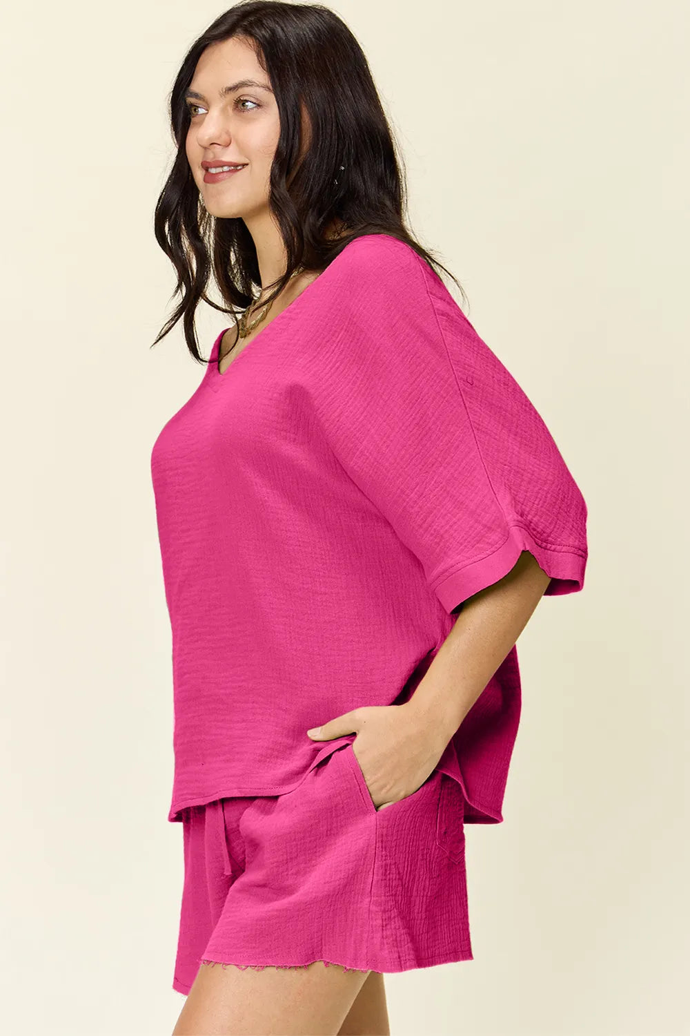 Double Take Texture Half Sleeve T-Shirt and Drawstring Shorts Set | STAHlin RADIANCE