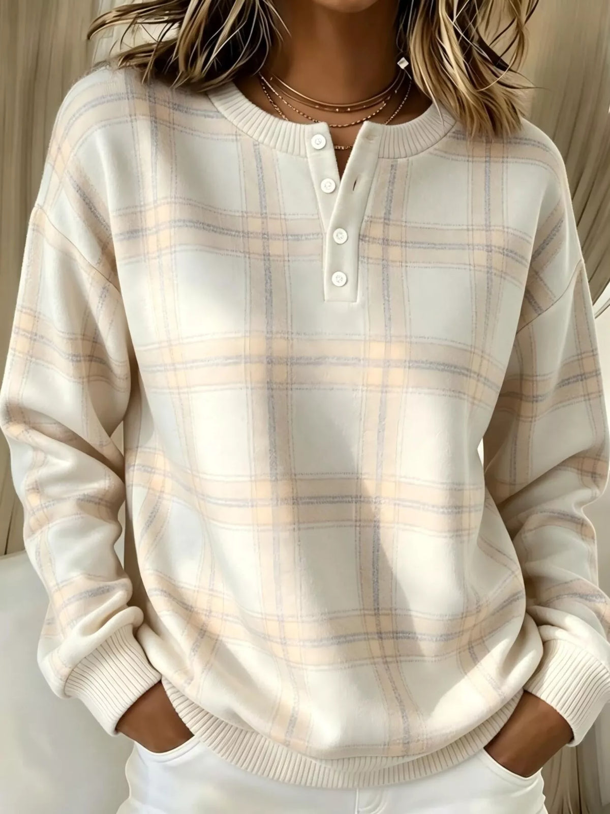 Full Size Plaid Button Detail Long Sleeve Sweatshirt Plus Size | STAHlin RADIANCE