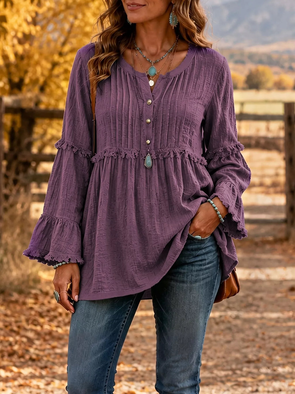 Full Size Fringe Trim Ruffle Sleeve Blouse Plus Size | STAHlin RADIANCE
