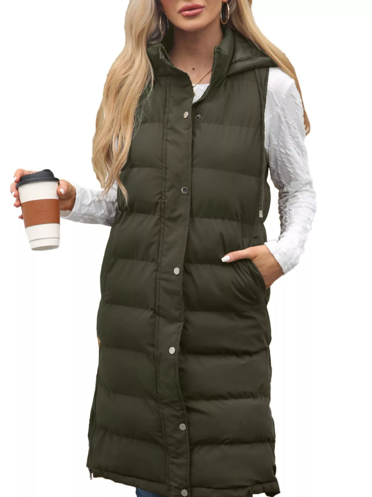 Full Size Snap Down Hooded Padded Longline Vest Coat Plus Size | STAHlin RADIANCE