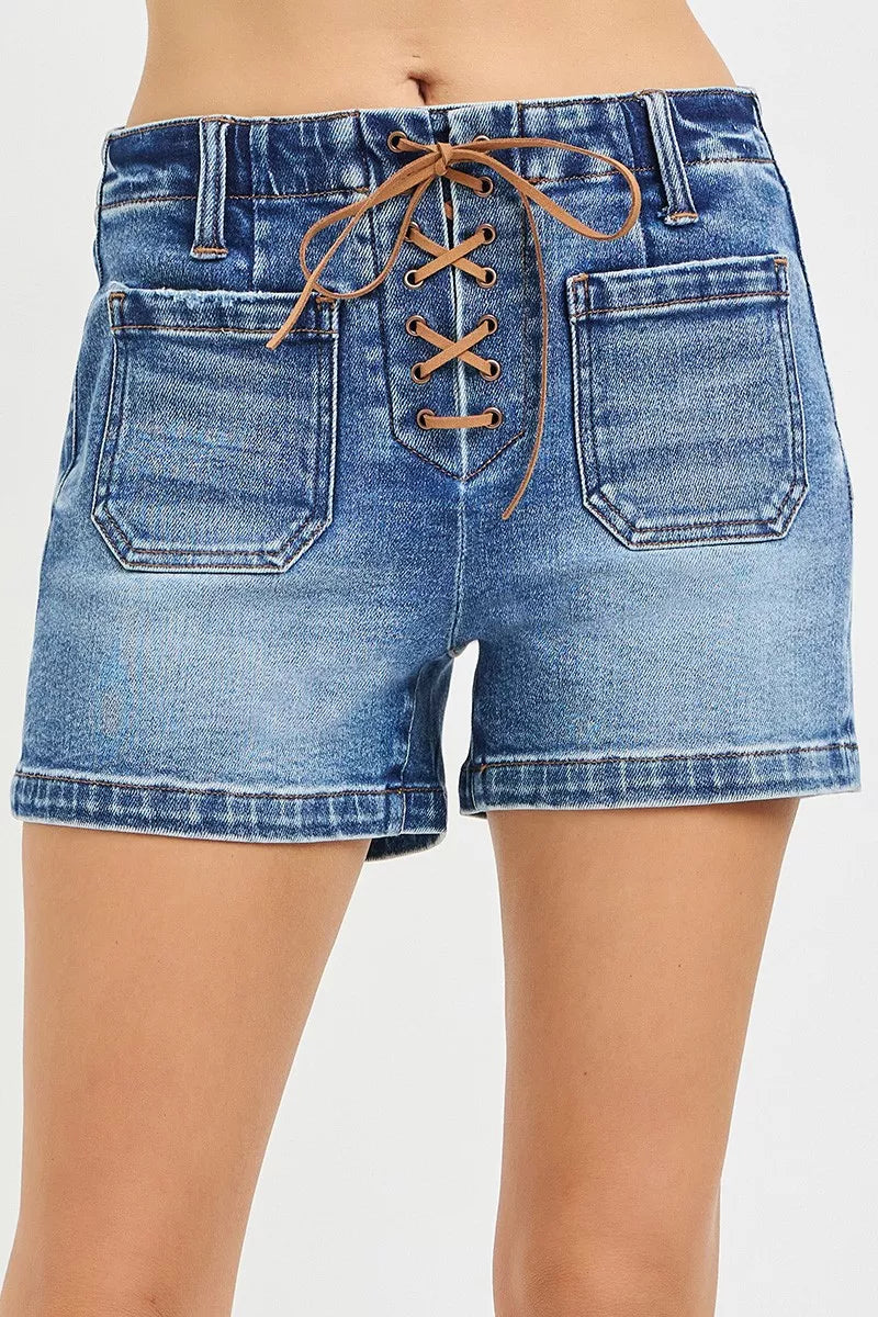 RISEN High Rise Front Tie Up Shorts with Patch Pockets | STAHlin RADIANCE