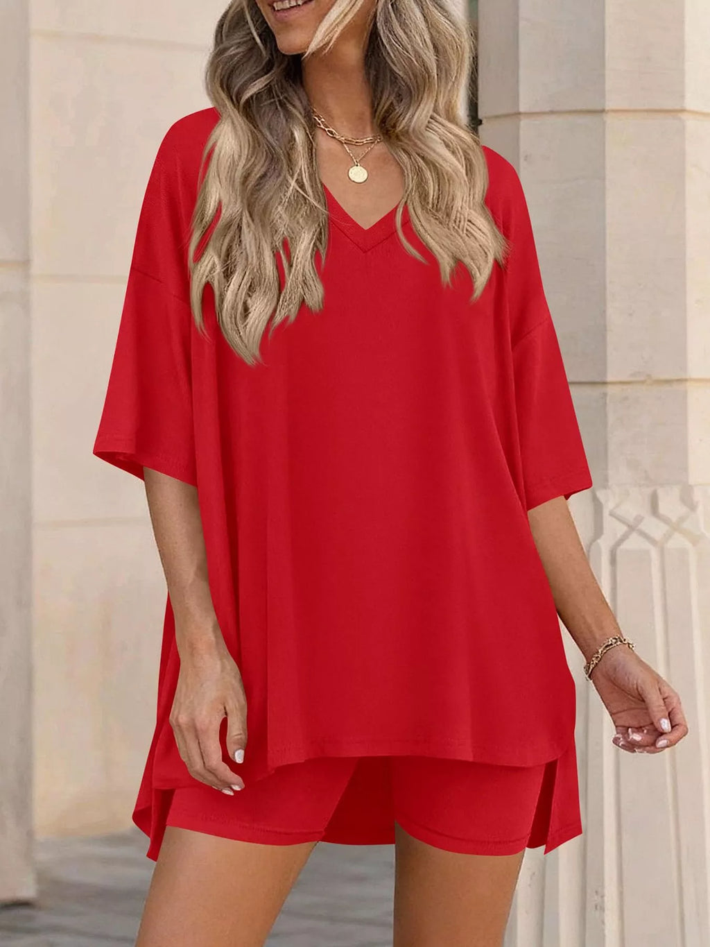 Full Size Casual Loose V-Neck T-Shirt & Shorts Set Plus Size | STAHlin RADIANCE