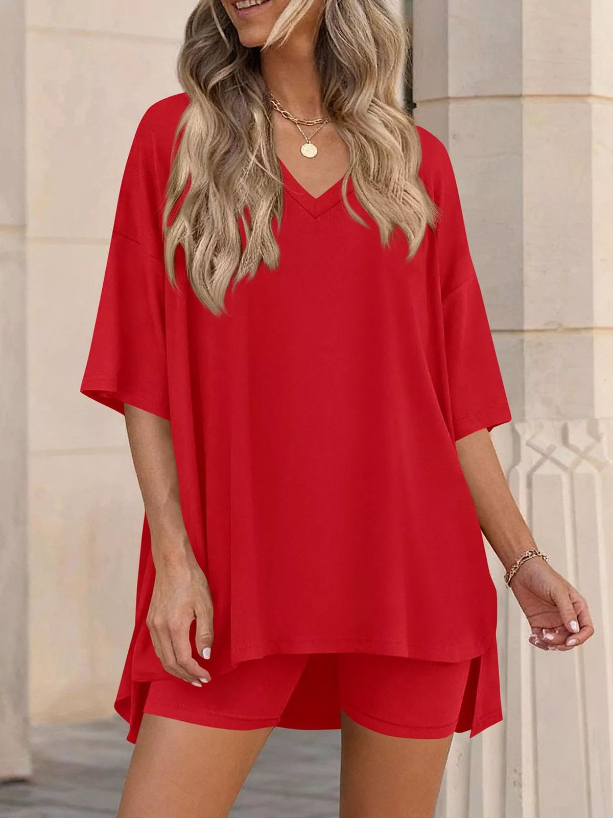 Full Size Casual Loose V-Neck T-Shirt & Shorts Set Plus Size | STAHlin RADIANCE