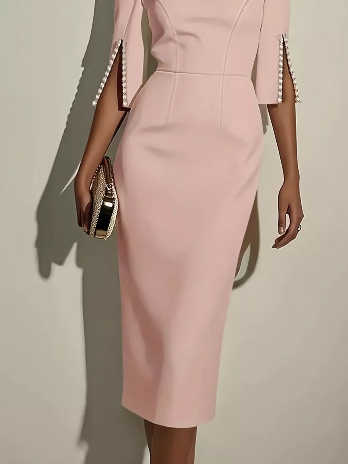 Slim-Fit Elegant Midi Dress with Beaded Slit Sleeve | STAHlin RADIANCE