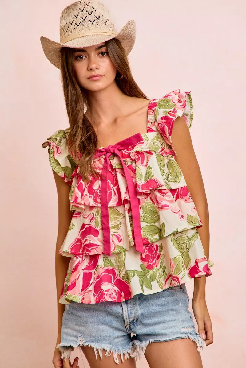 BiBi Floral Print Woven Bow Tie Ruffle Square Neck Top | STAHlin RADIANCE