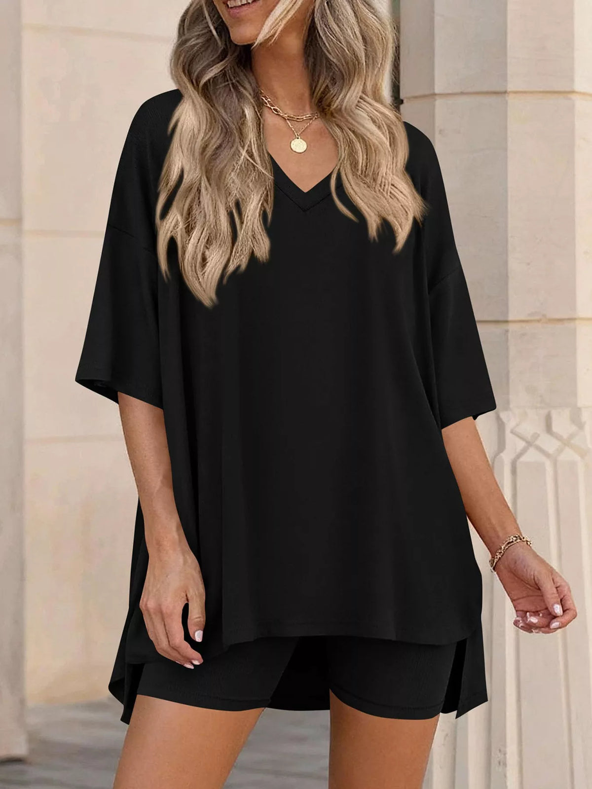 Full Size Casual Loose V-Neck T-Shirt & Shorts Set Plus Size | STAHlin RADIANCE